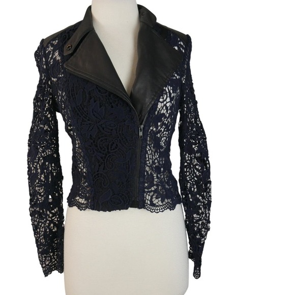 Yigal Azrouel Leather Moto Jacket Size 2 Navy Blue Guipure Lace & Black Lambskin - Picture 1 of 11